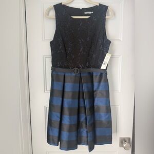 Eliza J Black Lace Overlay Dress with Blue Underlay